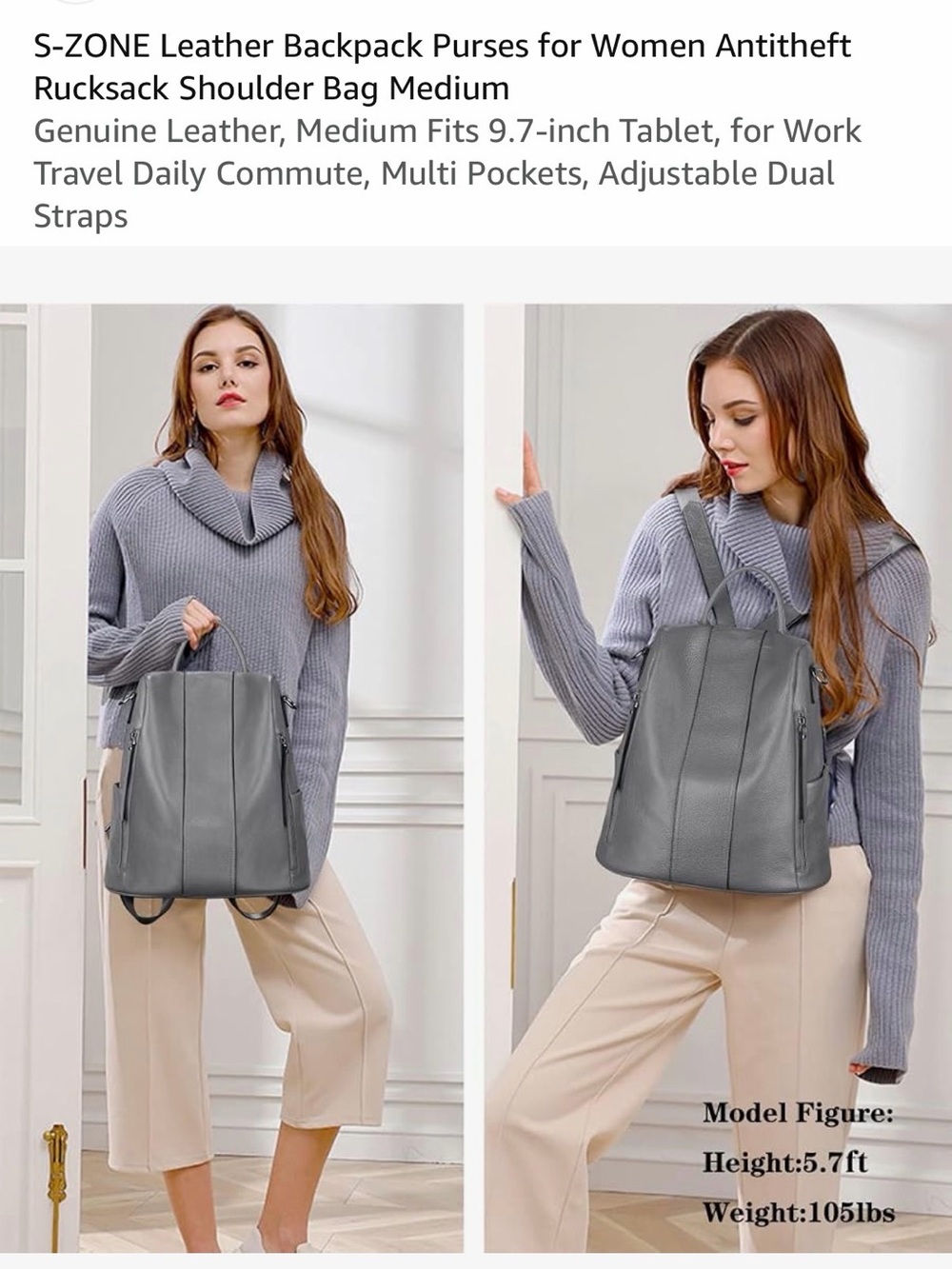 S-Zone Leather Backpack for Women Anti-theft Gray Pebbled cowhide leather
